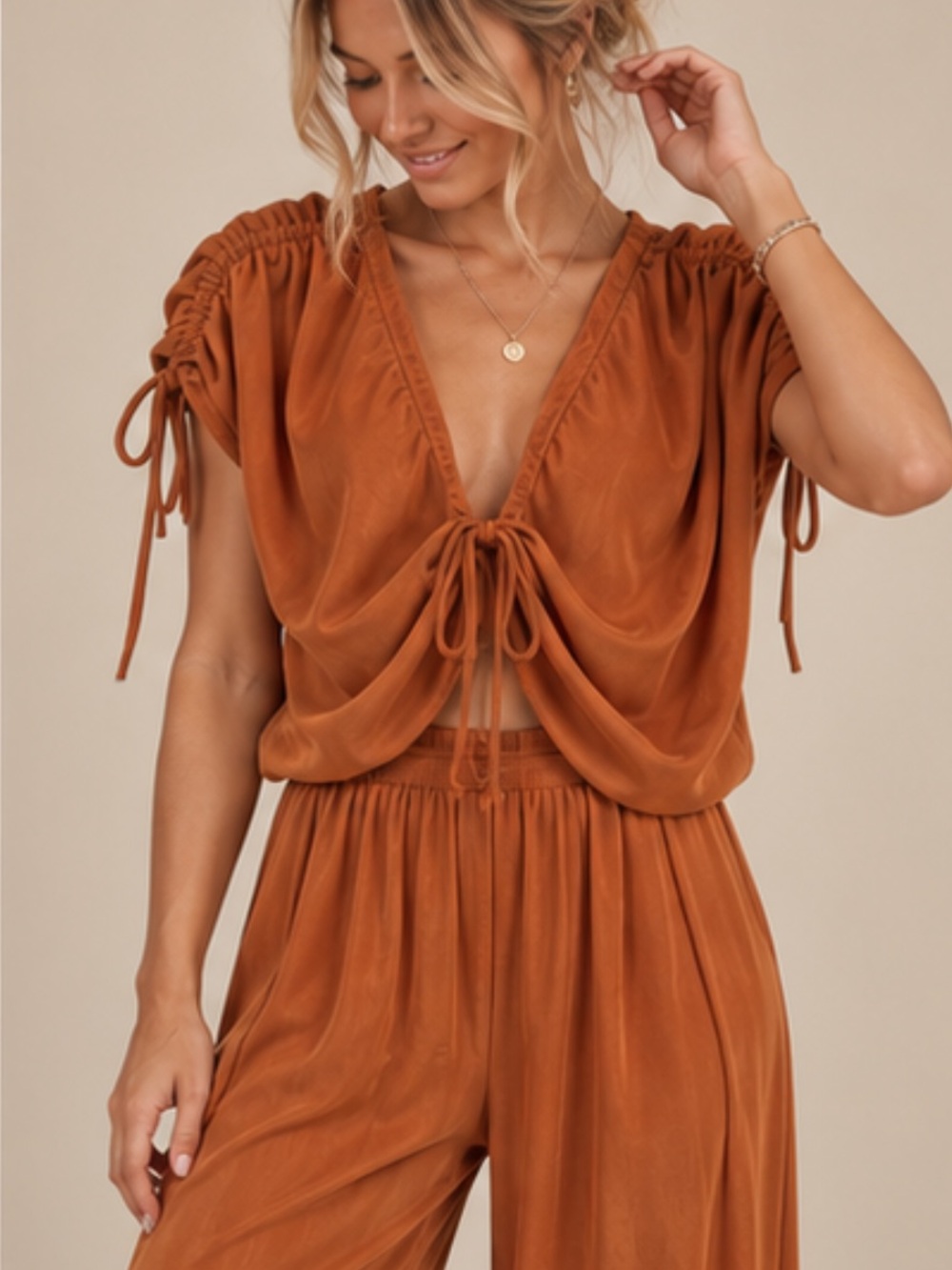 Zara Tie-Front Wide-Leg Jumpsuit in Rust - Picture 4 of 11